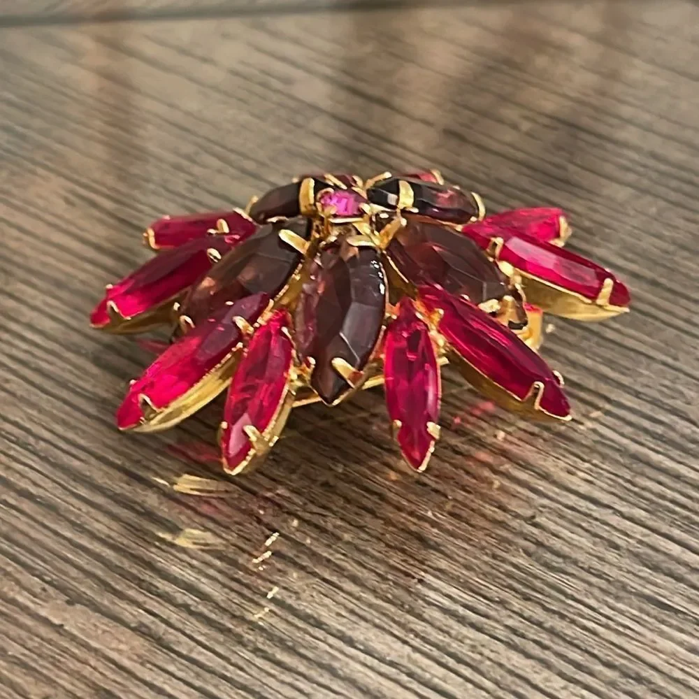 Vintage Floral Rhinestone Pin Red, Purple and Pin